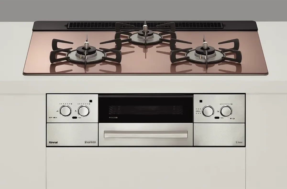 リンナイガスガラストップビルトインガスコンロLisse ¥145,000（税込み,施工費込み）